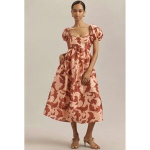 Hutch Marian Puff Sleeve Scoop Neck Midi Dress Peach Rust Floral Wedding Guest S